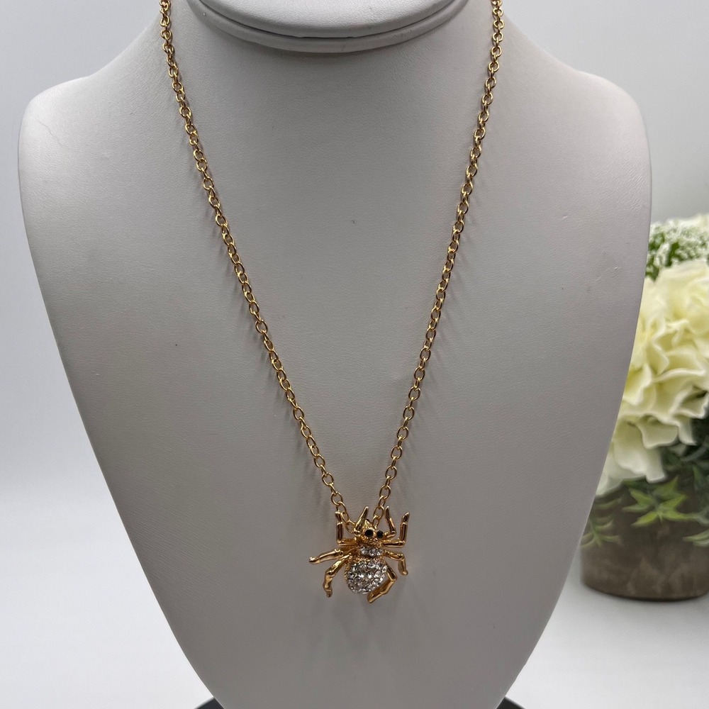 Betsey Johnson 2-in-1 Spider Pendant Necklace Brooch Gold Clear Crystal Pavé